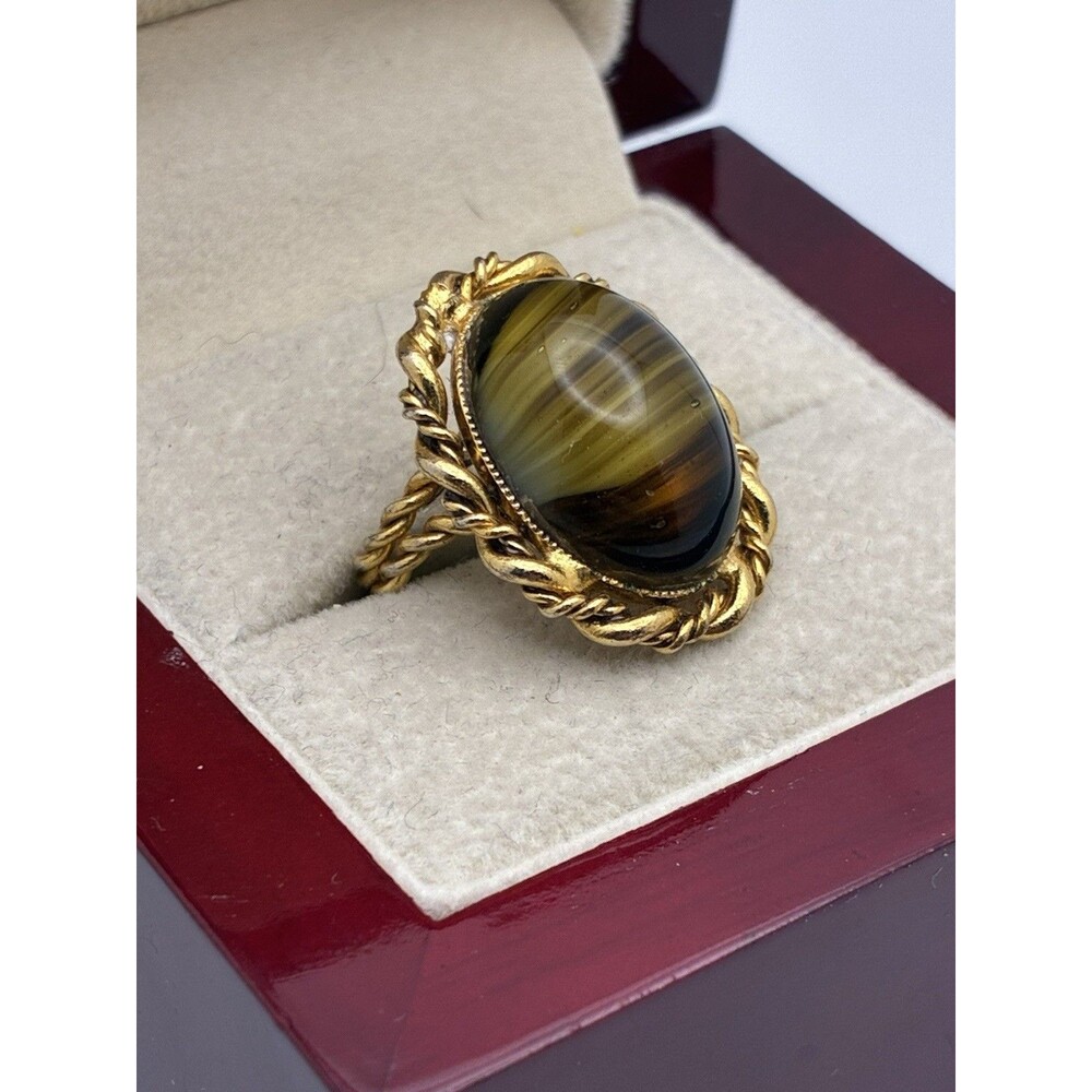 Twist Good Tone Banded Large Striped Stone Statement Ring Maybe Agate Sz 5 VTG